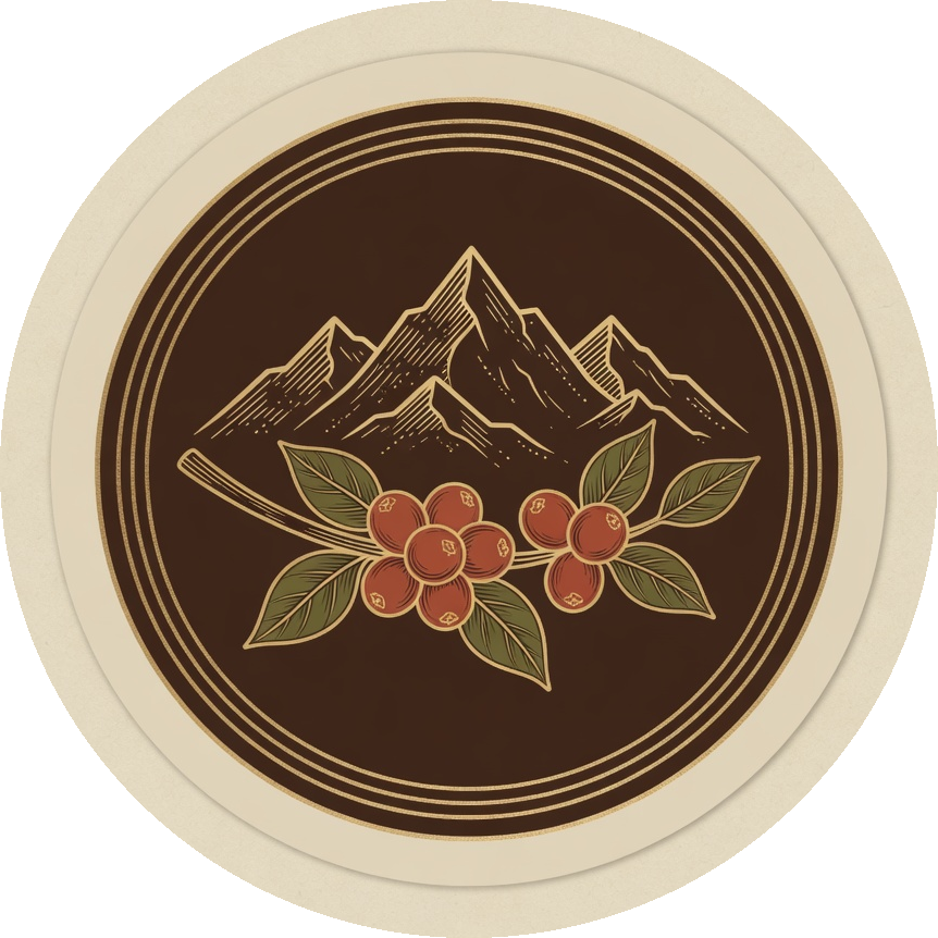 Café Rosario emblem: Andean peaks and coffee cherries